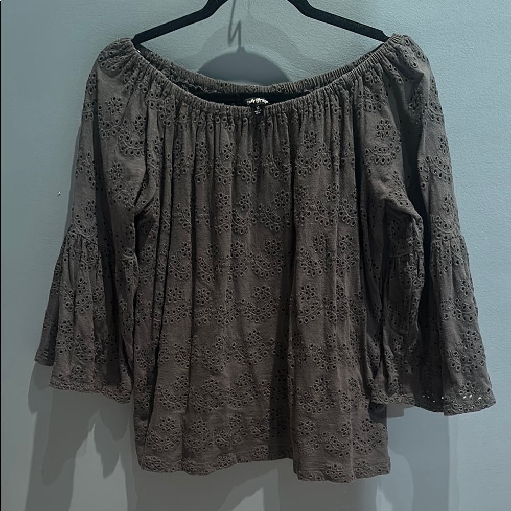 LUCKY BRAND Green Eyelet Off Shoulder Top